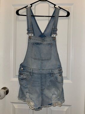 Denim Short Overalls with lace Detail